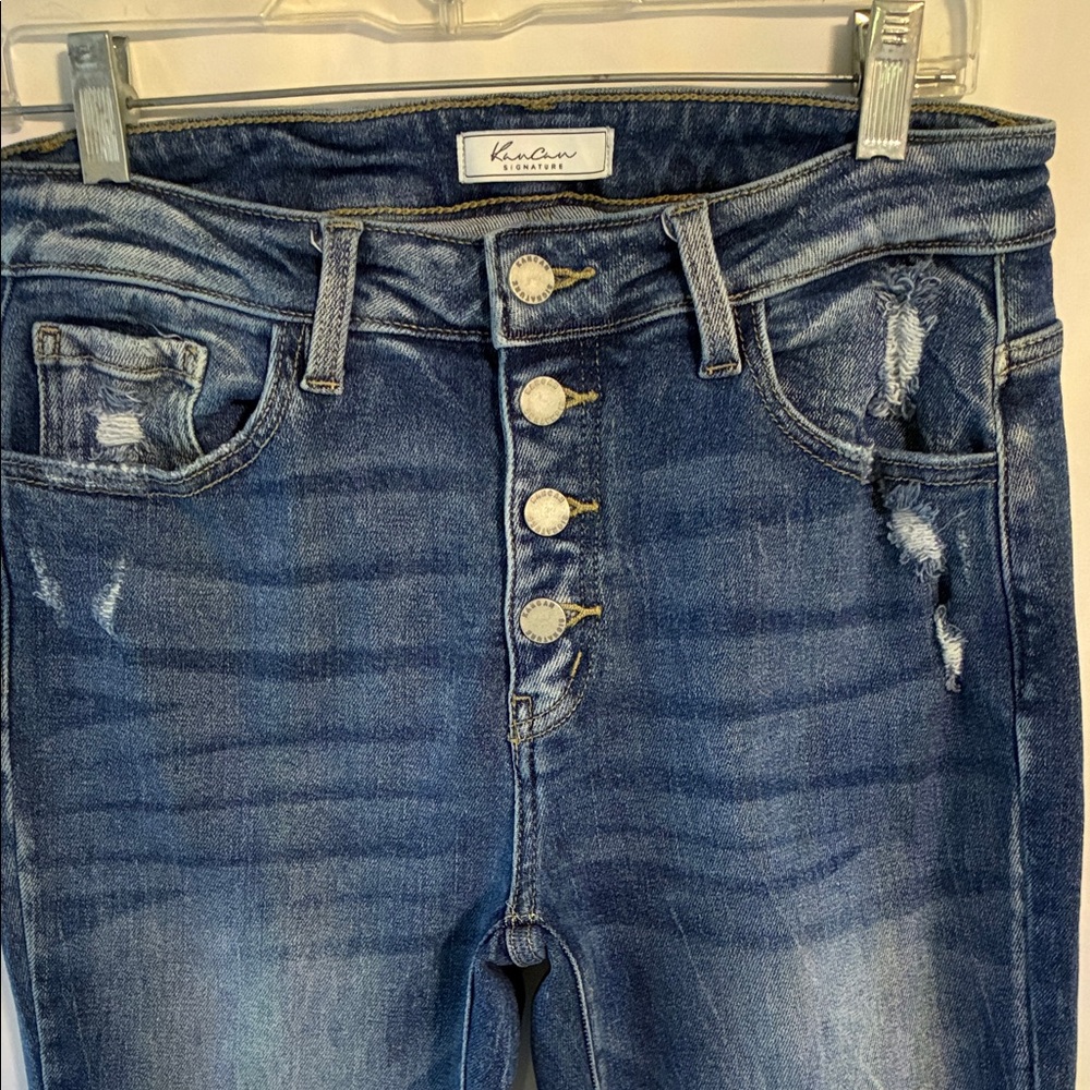KanCan Dark Blue High-Rise Button-Fly Distressed Jeans